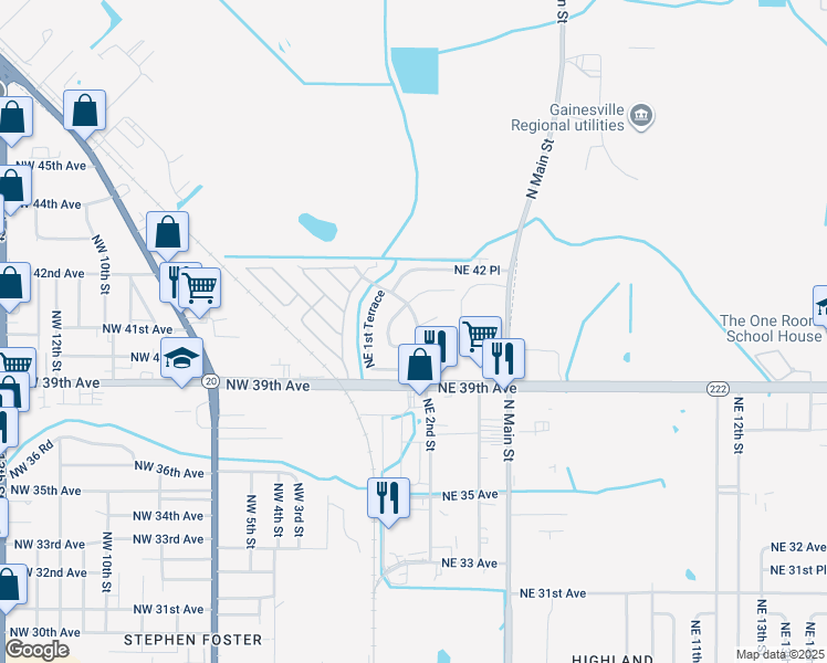 map of restaurants, bars, coffee shops, grocery stores, and more near 4018 Northeast 2nd Way in Gainesville
