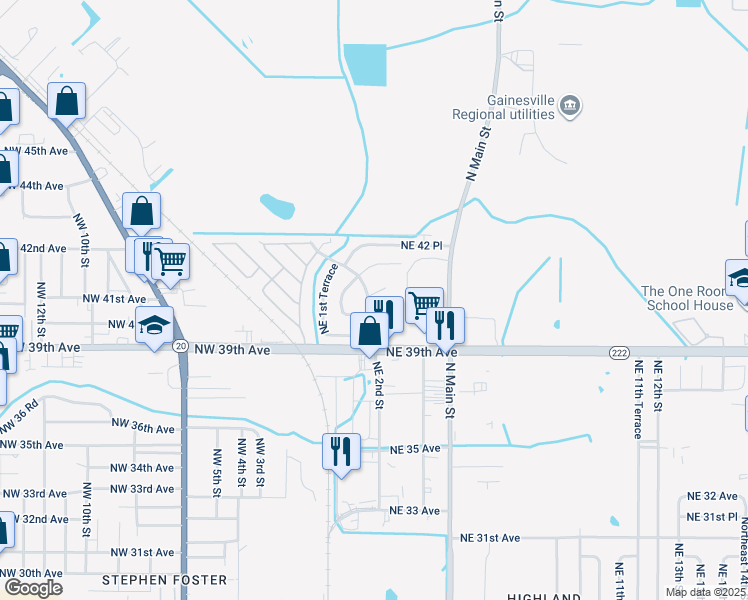 map of restaurants, bars, coffee shops, grocery stores, and more near 4021A Northeast 2 Way in Gainesville