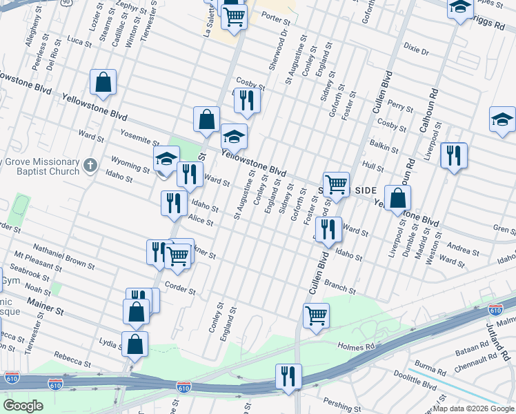 map of restaurants, bars, coffee shops, grocery stores, and more near 6727 Conley Street in Houston