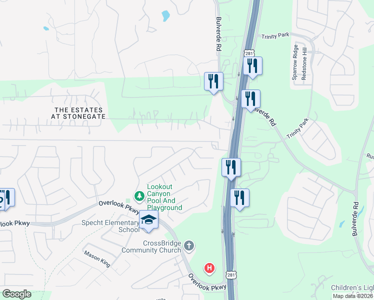 map of restaurants, bars, coffee shops, grocery stores, and more near 2027 Sunderidge in San Antonio