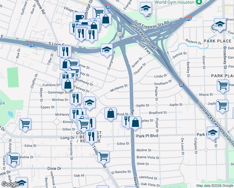 map of restaurants, bars, coffee shops, grocery stores, and more near 7522 McHenry Street in Houston