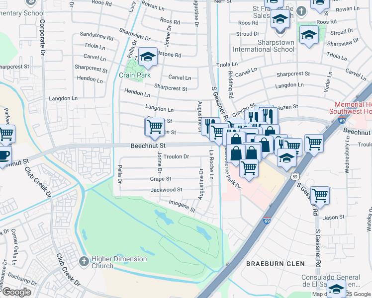 map of restaurants, bars, coffee shops, grocery stores, and more near 8826 Beechnut Street in Houston