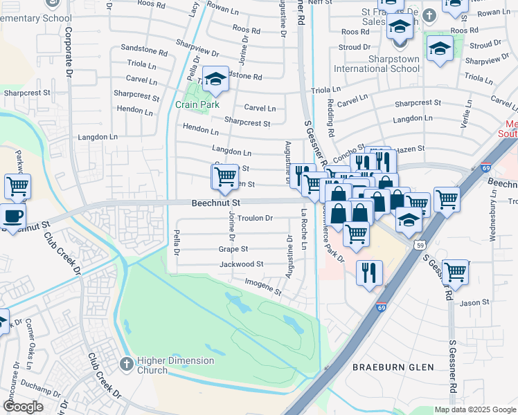 map of restaurants, bars, coffee shops, grocery stores, and more near 8920 Beechnut Street in Houston