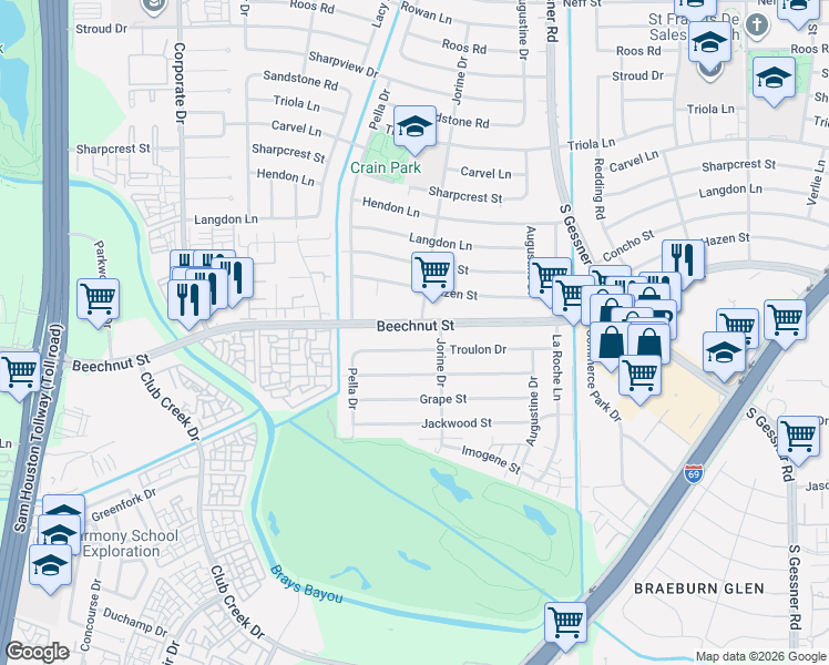 map of restaurants, bars, coffee shops, grocery stores, and more near 9006 Beechnut Street in Houston