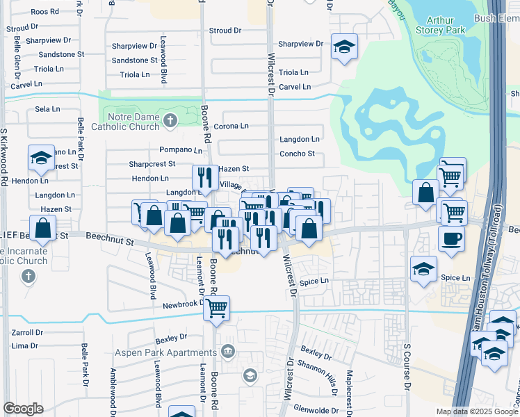 map of restaurants, bars, coffee shops, grocery stores, and more near 10932 Village Bend Lane in Houston