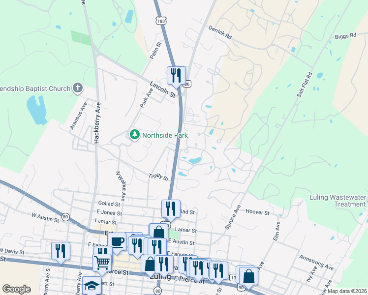 map of restaurants, bars, coffee shops, grocery stores, and more near 825 North Magnolia Avenue in Luling
