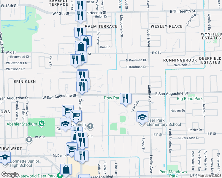 map of restaurants, bars, coffee shops, grocery stores, and more near 2214 Canterbury Court in Deer Park