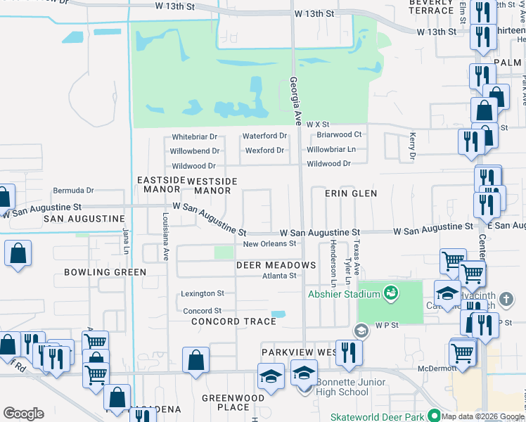 map of restaurants, bars, coffee shops, grocery stores, and more near 1605 Shamrock Lane in Deer Park