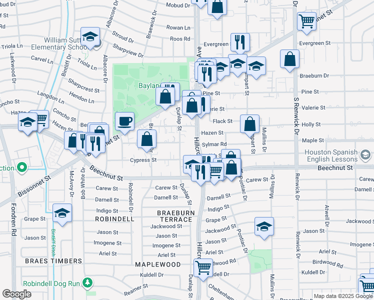 map of restaurants, bars, coffee shops, grocery stores, and more near 5802 Maple Street in Houston