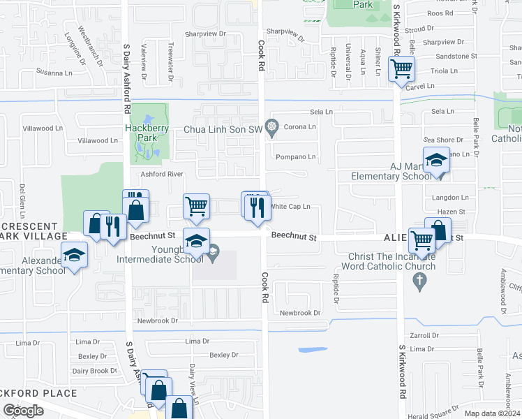 map of restaurants, bars, coffee shops, grocery stores, and more near 7920 Cook Road in Houston