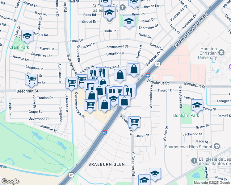 map of restaurants, bars, coffee shops, grocery stores, and more near 8150 Southwest Freeway in Houston