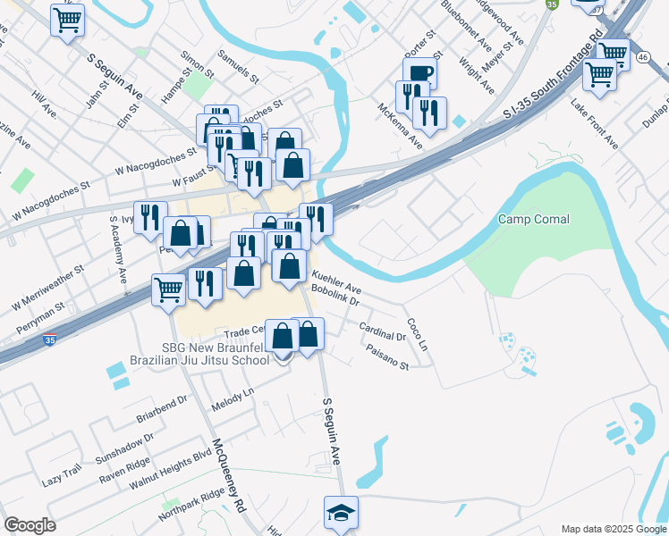 map of restaurants, bars, coffee shops, grocery stores, and more near 1627 Kuehler Avenue in New Braunfels
