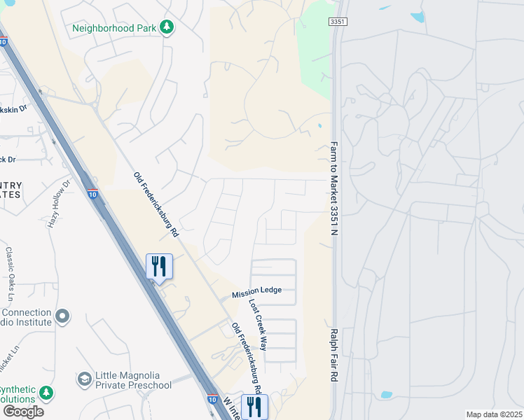 map of restaurants, bars, coffee shops, grocery stores, and more near 26231 Lost Creek Way in Boerne