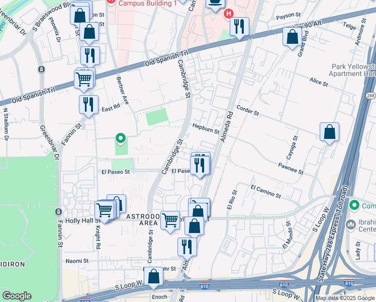 map of restaurants, bars, coffee shops, grocery stores, and more near 7901 Cambridge Street in Houston