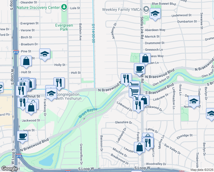 map of restaurants, bars, coffee shops, grocery stores, and more near 4127 Solway Lane in Houston
