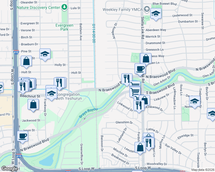 map of restaurants, bars, coffee shops, grocery stores, and more near 4127 Solway Lane in Houston