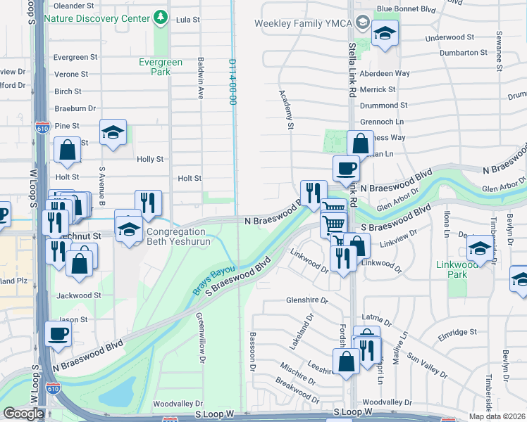 map of restaurants, bars, coffee shops, grocery stores, and more near 4127 Solway Lane in Houston