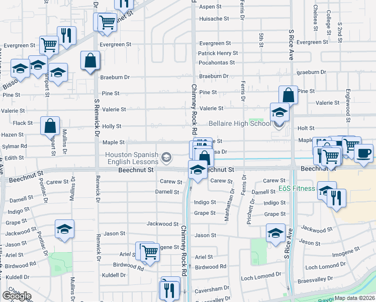 map of restaurants, bars, coffee shops, grocery stores, and more near 5301 Maple Street in Houston