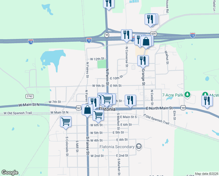 map of restaurants, bars, coffee shops, grocery stores, and more near 402 North Penn Street in Flatonia