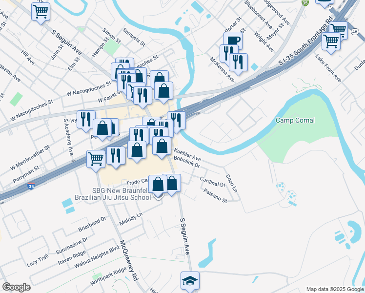 map of restaurants, bars, coffee shops, grocery stores, and more near 1627 Kuehler Avenue in New Braunfels