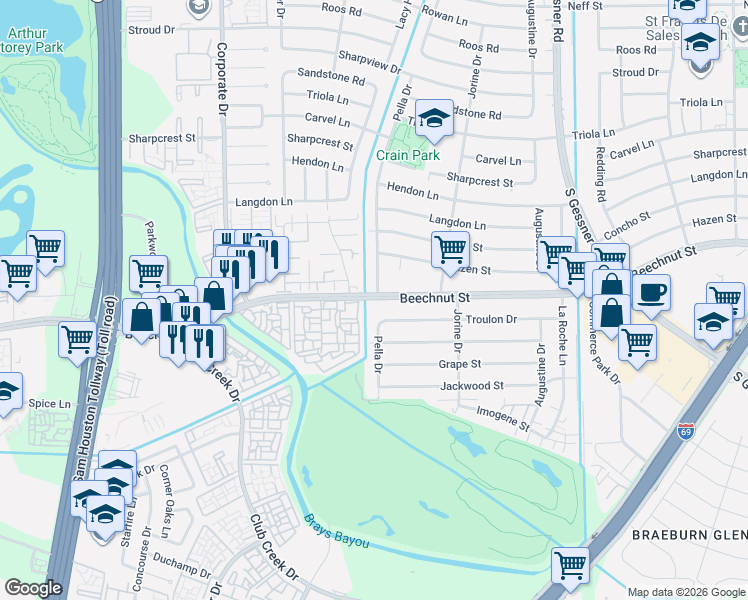 map of restaurants, bars, coffee shops, grocery stores, and more near 7923 Pella Drive in Houston