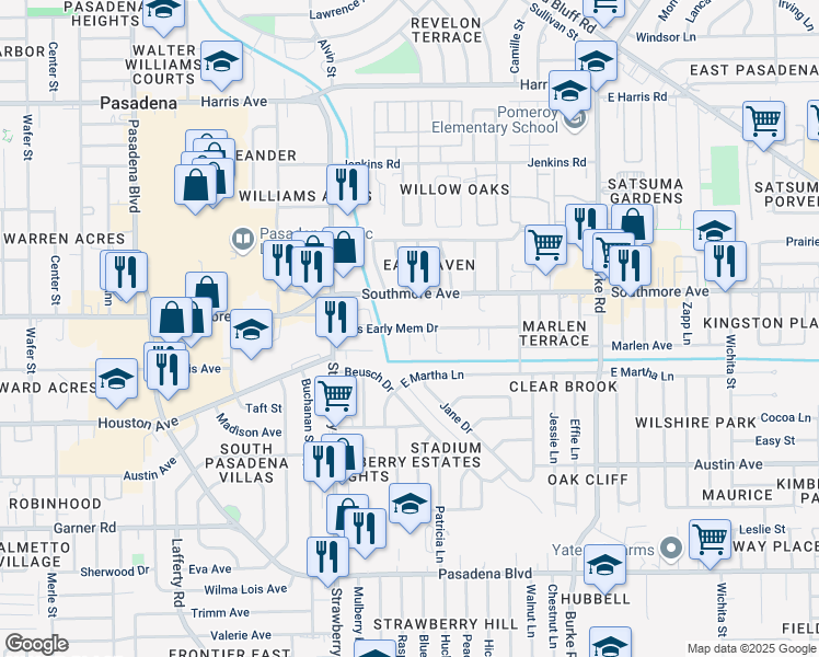 map of restaurants, bars, coffee shops, grocery stores, and more near Blake Avenue in Pasadena