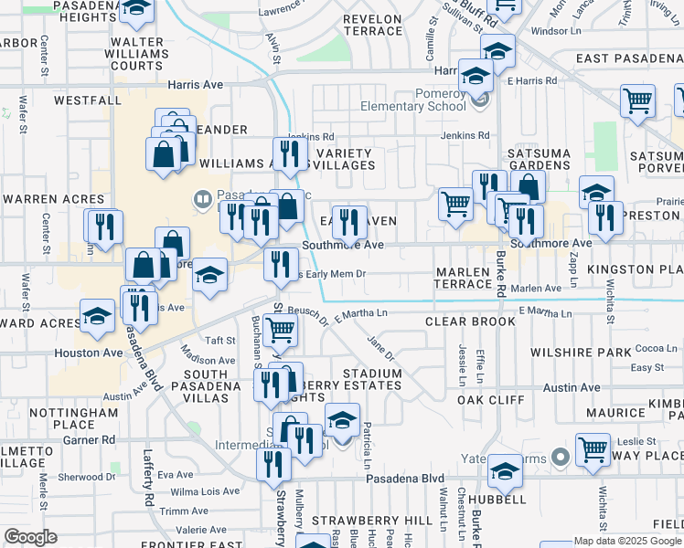 map of restaurants, bars, coffee shops, grocery stores, and more near Blake Avenue in Pasadena