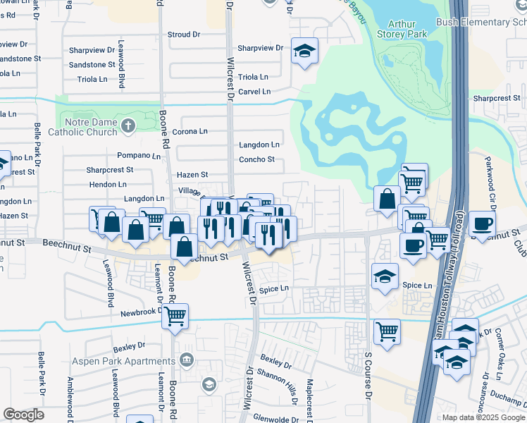 map of restaurants, bars, coffee shops, grocery stores, and more near 10630 Beechnut Street in Houston