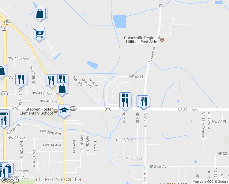 map of restaurants, bars, coffee shops, grocery stores, and more near 4027 Northeast 1st Drive in Gainesville