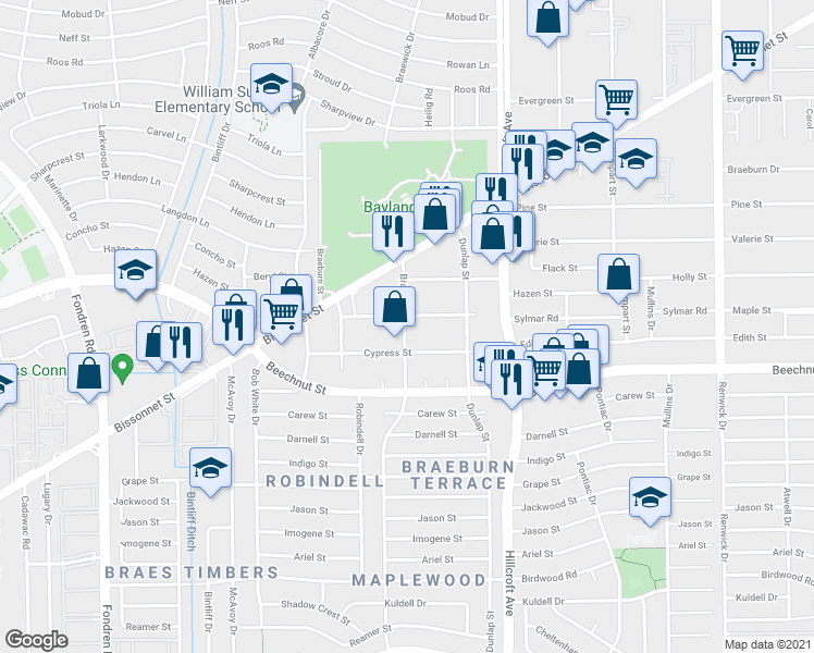 map of restaurants, bars, coffee shops, grocery stores, and more near 8209 Braewick Drive in Houston