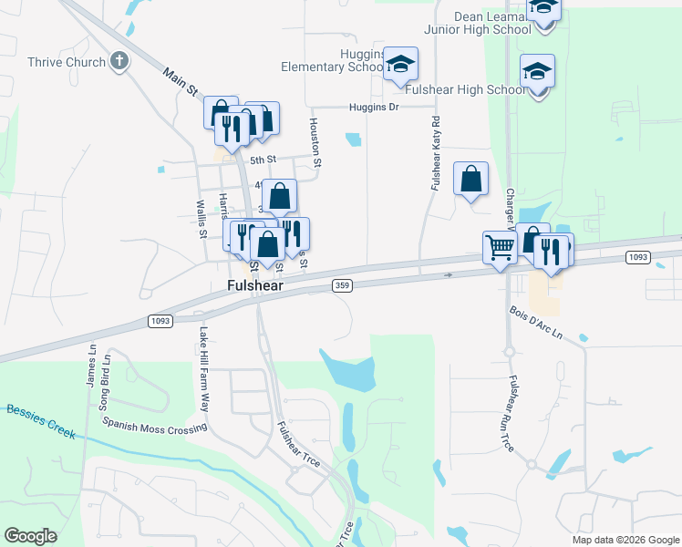 map of restaurants, bars, coffee shops, grocery stores, and more near 30136 Farm to Market 1093 Road in Fulshear