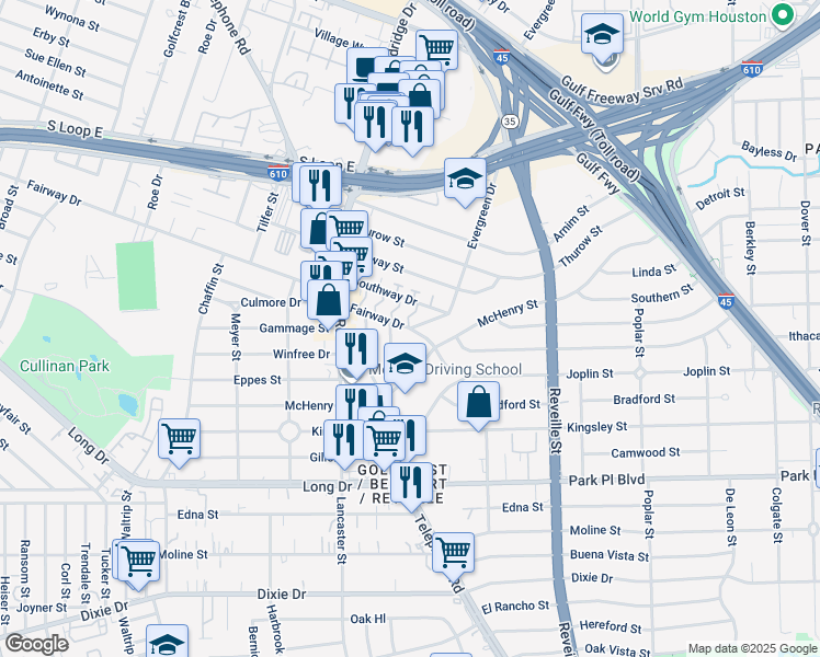 map of restaurants, bars, coffee shops, grocery stores, and more near 6900 Evergreen Drive in Houston