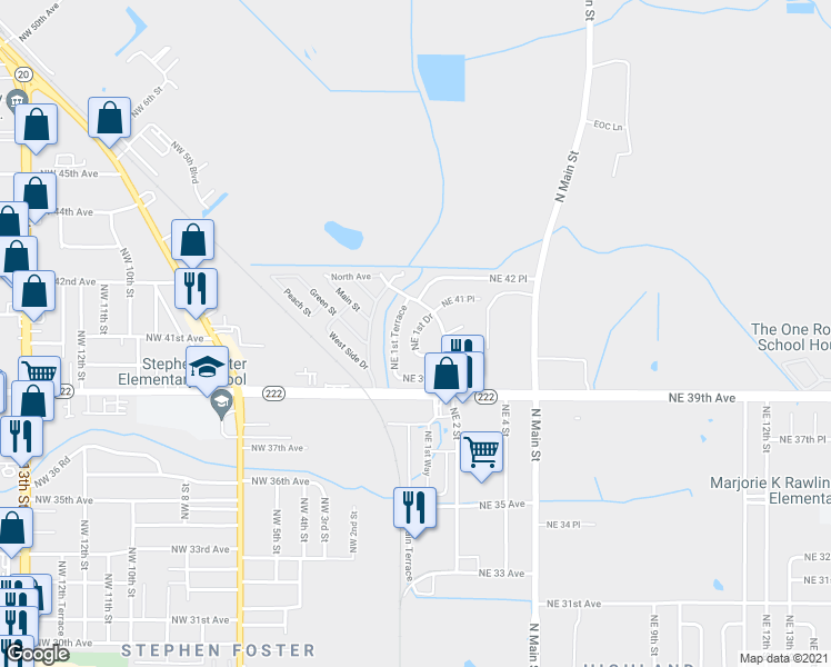map of restaurants, bars, coffee shops, grocery stores, and more near 4034 Northeast 1st Drive in Gainesville