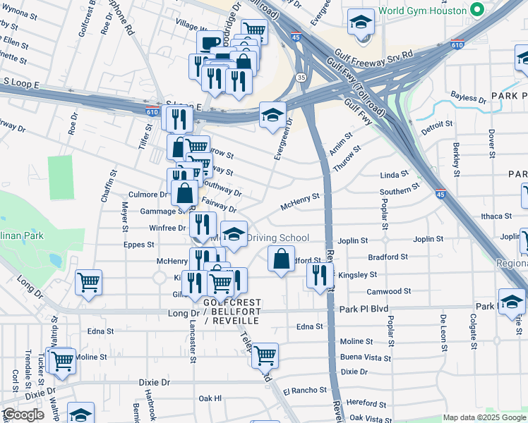 map of restaurants, bars, coffee shops, grocery stores, and more near 7493 Southway Drive in Houston