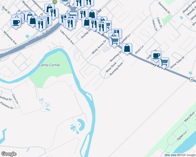 map of restaurants, bars, coffee shops, grocery stores, and more near 984 River Bank in New Braunfels