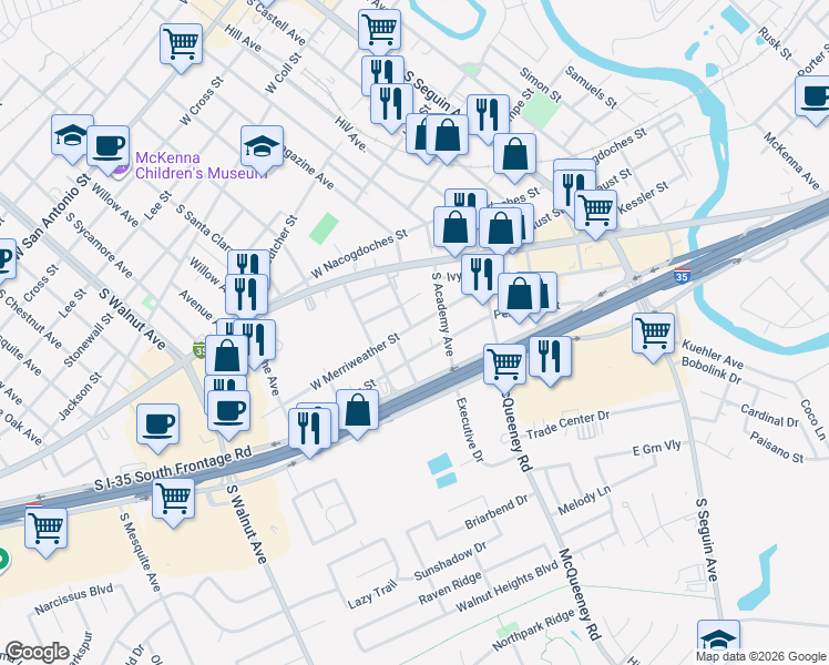 map of restaurants, bars, coffee shops, grocery stores, and more near 623 Southeast Terrace in New Braunfels