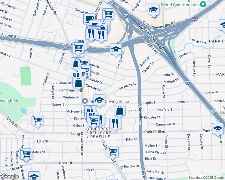 map of restaurants, bars, coffee shops, grocery stores, and more near 7493 Southway Drive in Houston