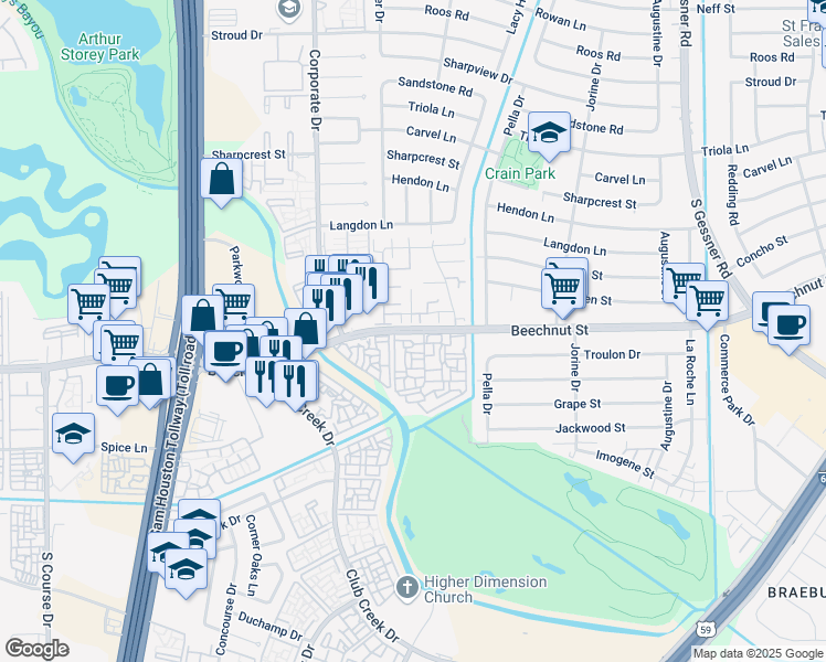 map of restaurants, bars, coffee shops, grocery stores, and more near 9236 Westwood Village Drive in Houston