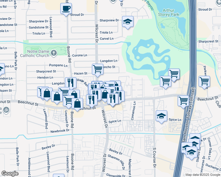 map of restaurants, bars, coffee shops, grocery stores, and more near 10630 Beechnut Street in Houston
