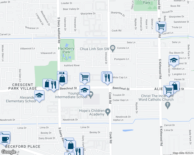 map of restaurants, bars, coffee shops, grocery stores, and more near 8000 Cook Road in Houston