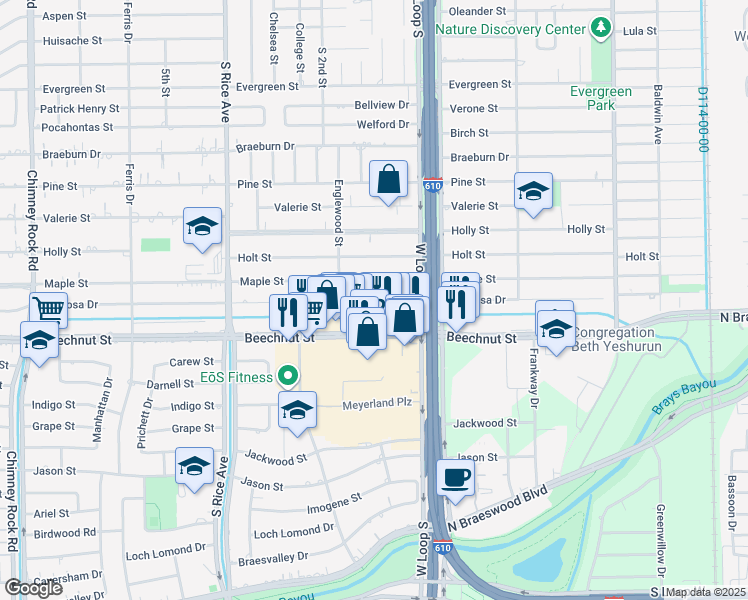 map of restaurants, bars, coffee shops, grocery stores, and more near 8305 Maple Court in Bellaire