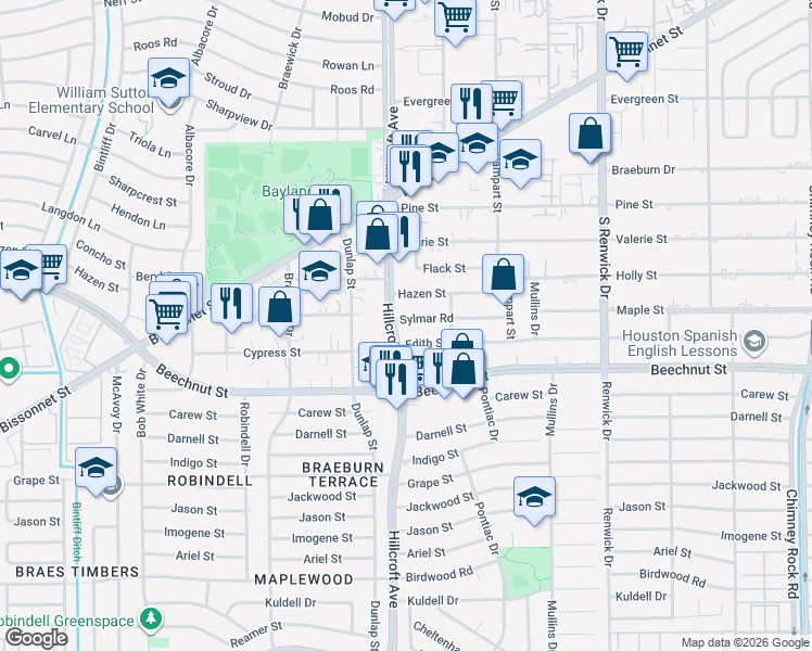 map of restaurants, bars, coffee shops, grocery stores, and more near 8018 Hillcroft Avenue in Houston