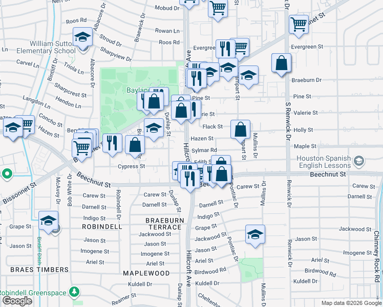 map of restaurants, bars, coffee shops, grocery stores, and more near 8018 Hillcroft Avenue in Houston