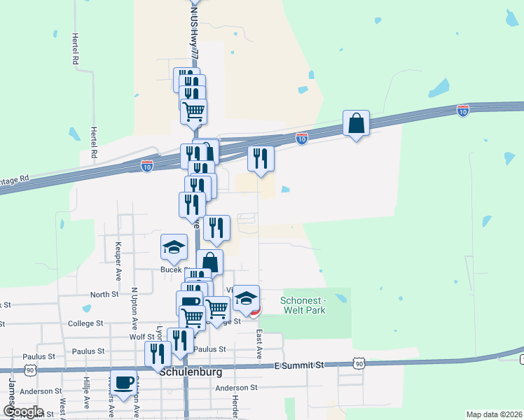 map of restaurants, bars, coffee shops, grocery stores, and more near 40 East Avenue in Schulenburg