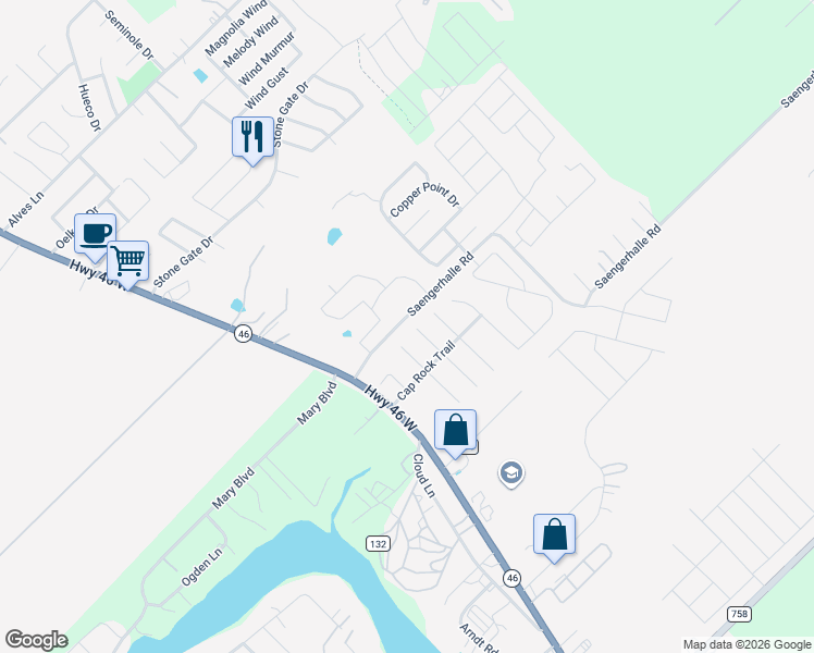 map of restaurants, bars, coffee shops, grocery stores, and more near 255 Saengerhalle Road in New Braunfels