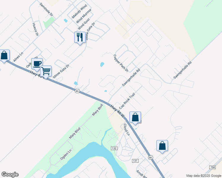 map of restaurants, bars, coffee shops, grocery stores, and more near 187 Saengerhalle Road in New Braunfels
