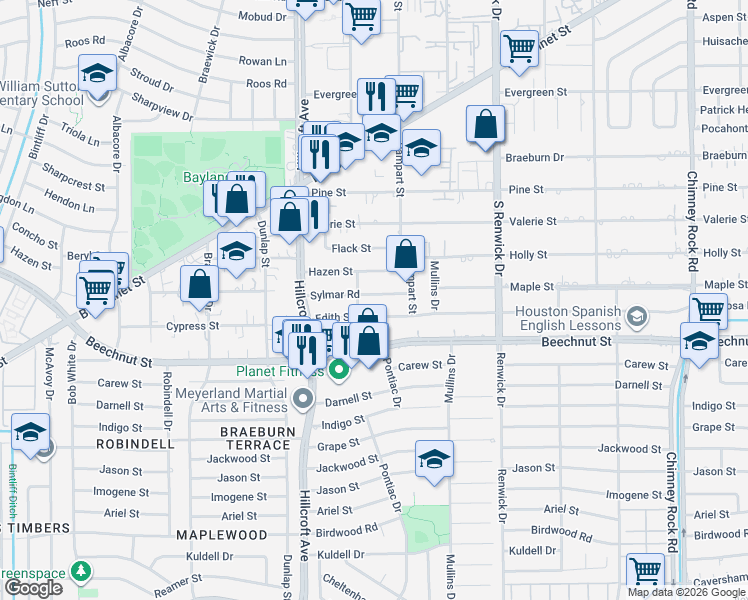 map of restaurants, bars, coffee shops, grocery stores, and more near 5630 Sylmar Road in Houston