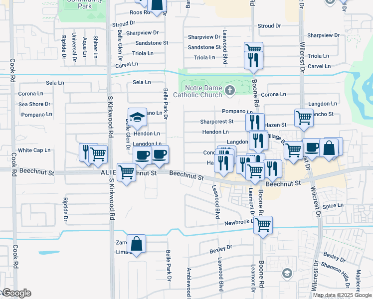 map of restaurants, bars, coffee shops, grocery stores, and more near 8010 Baneway Drive in Houston