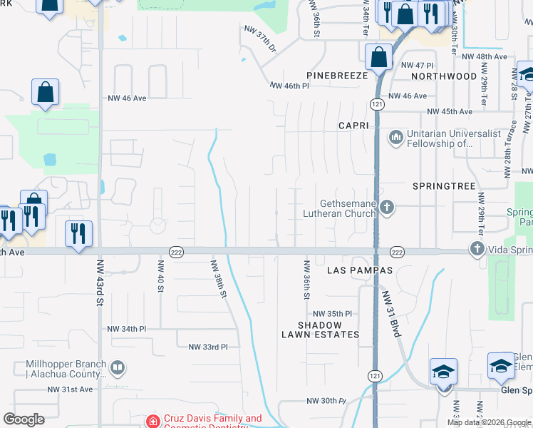 map of restaurants, bars, coffee shops, grocery stores, and more near 4162 Northwest 37th Terrace in Gainesville