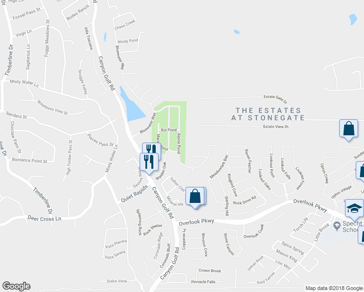 map of restaurants, bars, coffee shops, grocery stores, and more near 1335 Alpine Pond in San Antonio